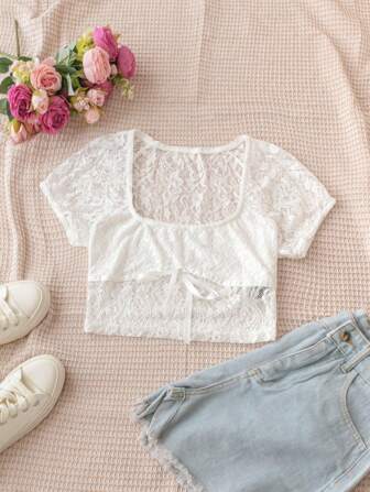 Dreamara Women's Bowknot Decorated Square Neck Lace Short Sleeve T-Shirt