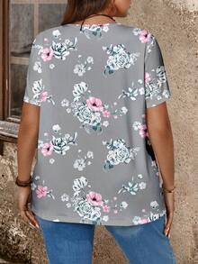 EMERY ROSE Plus Size Spring Women's Floral Print T-Shirt - Grey - View 6