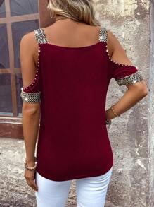 EMERY ROSE Camiseta de verano con hombros descubiertos, decoración de cuentas, y estampado gráfico, para mujer