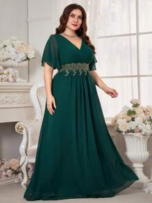 Plus Size Women Embroidered Waist Chiffon Party Dress - Dark Green - View 4