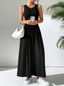 SHEIN EZwear 女士夏季纯色无袖连衣裙 - 黑色 - 查看 2