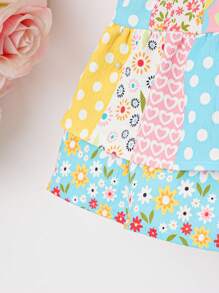 Baby Girl Sleeveless Tiered Patchwork Ruffles Summer Camping And Outdoor Vacation Dress With Headband - Multicolor - View 3