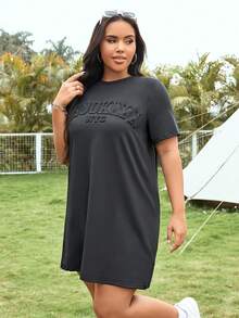 CovetEZ 大碼休閒字母T卹夏季長裙 - 黑色 - 查看 4