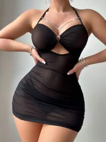 Snug Zone Mature Mesh Hollow Out Sexy Sexy Lingerie Dress 2pcs/Set UnderwearOuter - Black - View 5