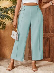 Celure Plus Size Women Plain High Waist Button Decor Toothpick Wide Leg Pants Of Chic Style