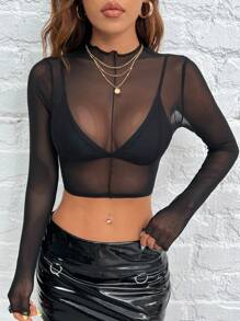SHEIN PETITE 黑色性感荷葉邊短版透視上衣，適合嬌小女性 - 黑色 - 查看 4