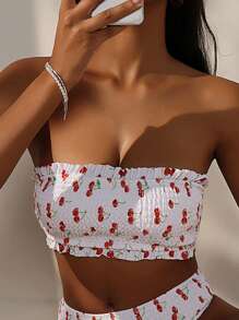 SHEIN Swim Women Summer Beach Cherry Print Bandeau Bikini Top - Multicolor - View 1