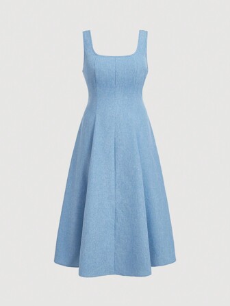 SHEIN MOD Damen Bodycon-Kleid in mittelanger Länge mit Jeansoptik, quadratischem Ausschnitt und Used-Look-Details für Dates, Abschlussballkleider, Große Größen-Size