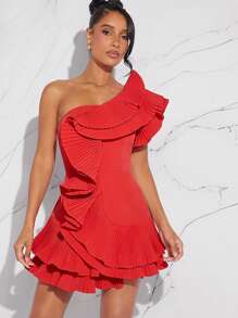 L'Amorae Fall Women Clothes, Red Elegant Exaggerated Ruffle One Shoulder Sleeveless Mini Dress, Formal Dress, Date Night, Concerts, Performances, Music Festivals, Party