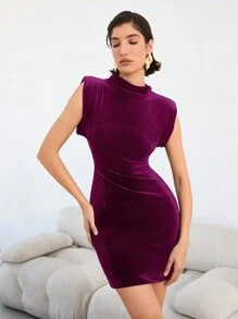 GENKIRA Women Elegant Plain Color Stand Collar Sleeveless Pencil Dress, For Summer - Red Violet - View 5