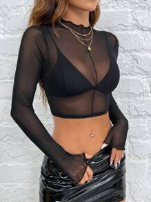 SHEIN PETITE 黑色性感荷葉邊短版透視上衣，適合嬌小女性 - 黑色 - 查看 6