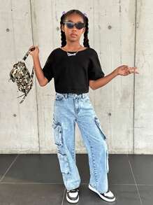 SHEIN Tween Girl Casual Spring/Summer Knitted Solid Color Short Sleeve Top With Round Neckline And V-Back