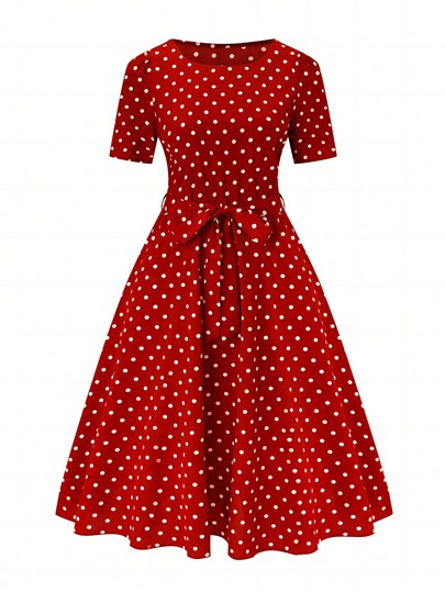 SHEIN Clasi Ladies" Vintage Style Polka Dot Printed Short-Sleeve Flowy Dress Maxi Women Outfit