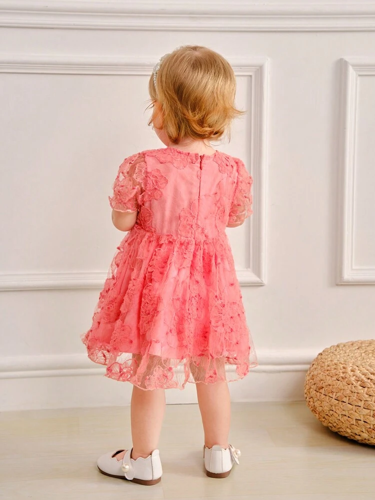 Heavy Embroidery Mesh Ruffle Sleeve Cuffs Back Invisible Zipper Large Dress Baby Girl Dress Elegant Magnificent Cute Spring Dubai Red