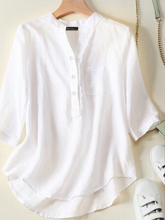 European And American Style Solid Color Short Sleeve Pocket Shirt Blouse For Women