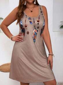 SHEIN VCAY Kích thước lớn NỮ Mùa hè In lông Vòng cổ Không tay Áo vest Đầm giản dị - Màu Khaki - Xem 3