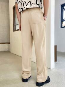 Manfinity RebelGame Pantalones tejidos casuales con pliegues y corte cónico para hombre, unicolor con bolsillos - Caqui - Ver 2