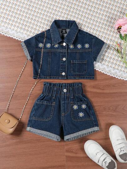 Baby Girls Frayed Denim Shorts Set With Embroidery Detailing