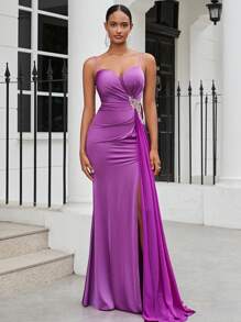 SHEIN Belle Elegante Y Sexy Vestido De Noche Morado Luminoso Para Mujeres Con Tirantes De Espagueti Y Pliegues Laterales - Morado Violeta - Ver 5