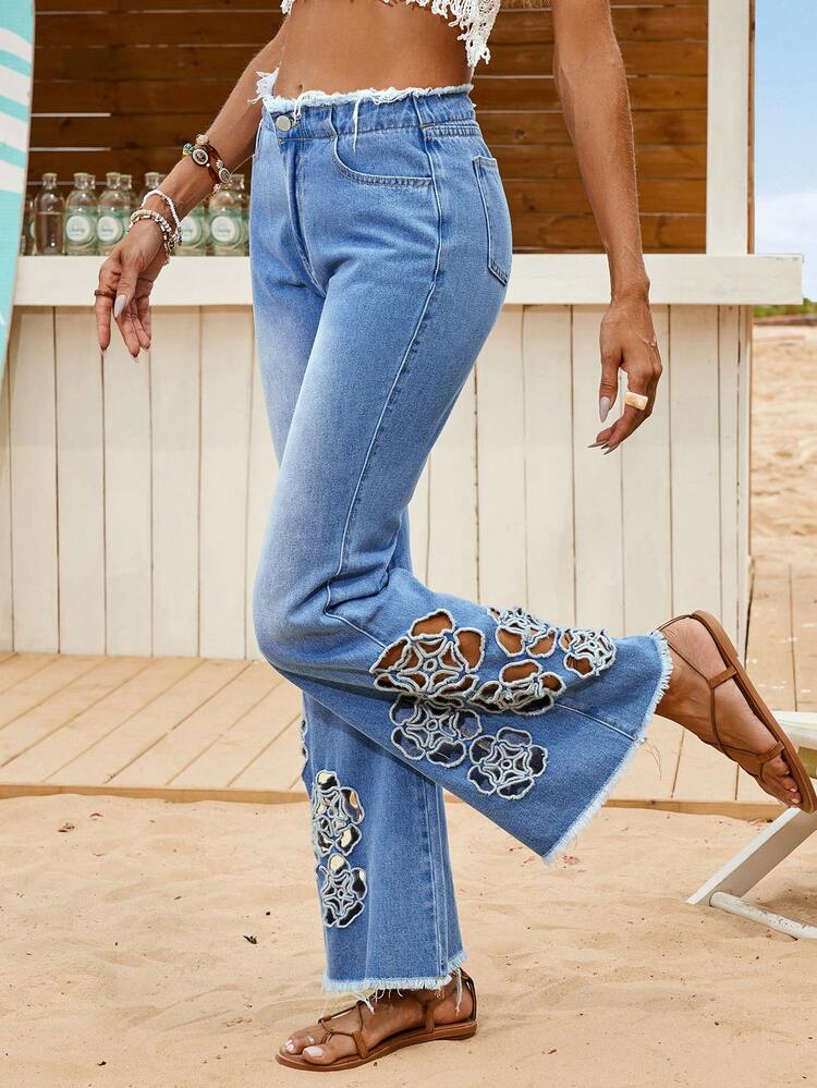Women Blue Hollow Out Flare Leg Jeans For Beach Vacation And Casual Wear