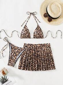 Swim SXY Set de 3 piezas de traje de baño para mujer con estampado de leopardo que incluye cubierta con falda y bikini de patrones impresos al azar para vacaciones de verano en la playa