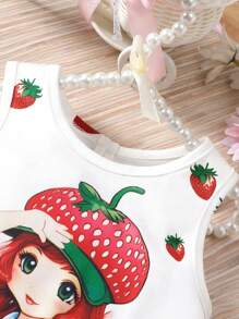 SHEIN 夏季可愛草莓圖案無袖女嬰連衣裙 - 白色 - 查看 3