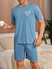 Men Simple Heart Printed Short Sleeve Tee & Shorts Casual Pajamas Set