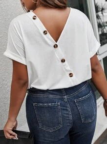 SHEIN LUNE Áo thun Plus size Nút màu trơn Giải trí - trắng - Xem 4