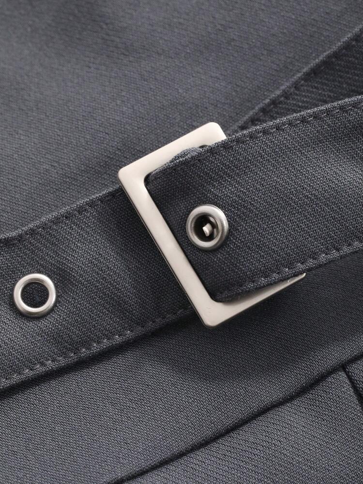 Women's Casual Academy Style Buckle Belted Pleated Skirt,Ladies Casual Belted,Grommet Eyelet,Pleated Short Regular Fit Natural Grey Plain Women Skirts,Spring/Summer,Casual Daily Wear