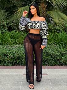 SHEIN SXY Áo dài tay lệch vai có in hình nhiều lớp có viền xù cho kỳ nghỉ - Đen và trắng - Xem 3