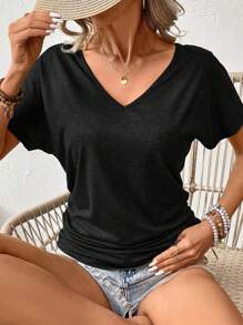 SHEIN Frenchy Women Batwing Short Sleeve Pleated T-Shirt, Summer Holiday Tee