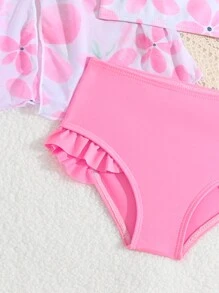 SHEIN 嬰兒女印花游泳衣，配有荷葉邊游泳短褲和前扣綁帶蕾絲外罩（隨機圖案） - 粉色 - 查看 4