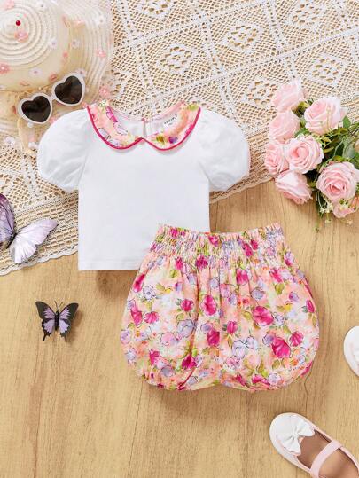 SHEIN Baby Girl Summer Holiday Color Block Peter Pan Collar Top With Flower Print Shorts Set