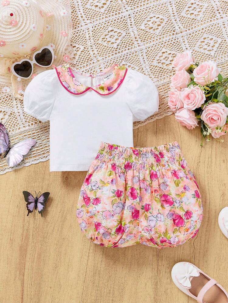 Baby Girl Summer Holiday Color Block Peter Pan Collar Top With Flower Print Shorts Set