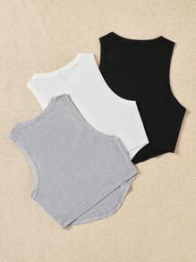 SHEIN Qutie 3pcs Round Neck Casual Slim Fit Crop Tank Top, Summer