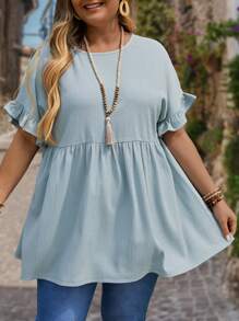 EMERY ROSE 大码女式时尚宽松圆领蕾丝袖浅蓝色衬衫母亲节 - 藍色 - 查看 1