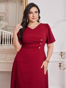 Modelyn Burgundy Red Women Solid Color Simple Daily Plus Size Dress,Elegant Evening Party Dress Long Evening Dresses
