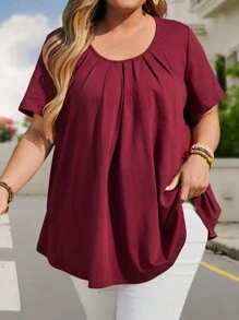 EMERY ROSE Plus Size Women's Round Collar Wrinkle Burgundy Top Mother's Day - Burgundy - View 1