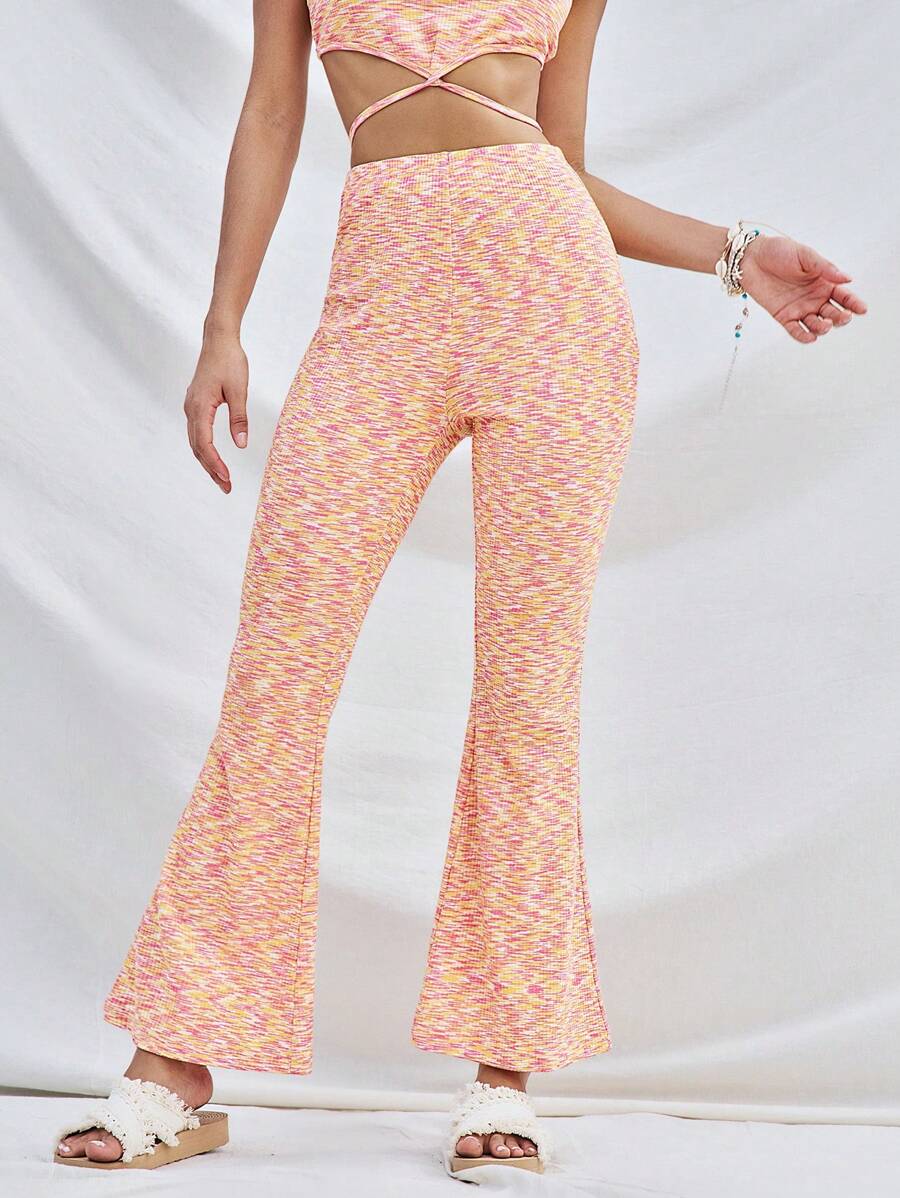 Soleia WYWH Women Beach Vacation Casual Colorful Pitted Rib Knit Texture Elastic Waist Flared Long Pants - Multicolor - View 1