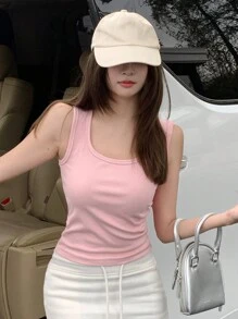 DAZY Women Solid Color Rib-Knit Scoop Neck Tank Top For Summer Preppy Tops - Pink - View 3