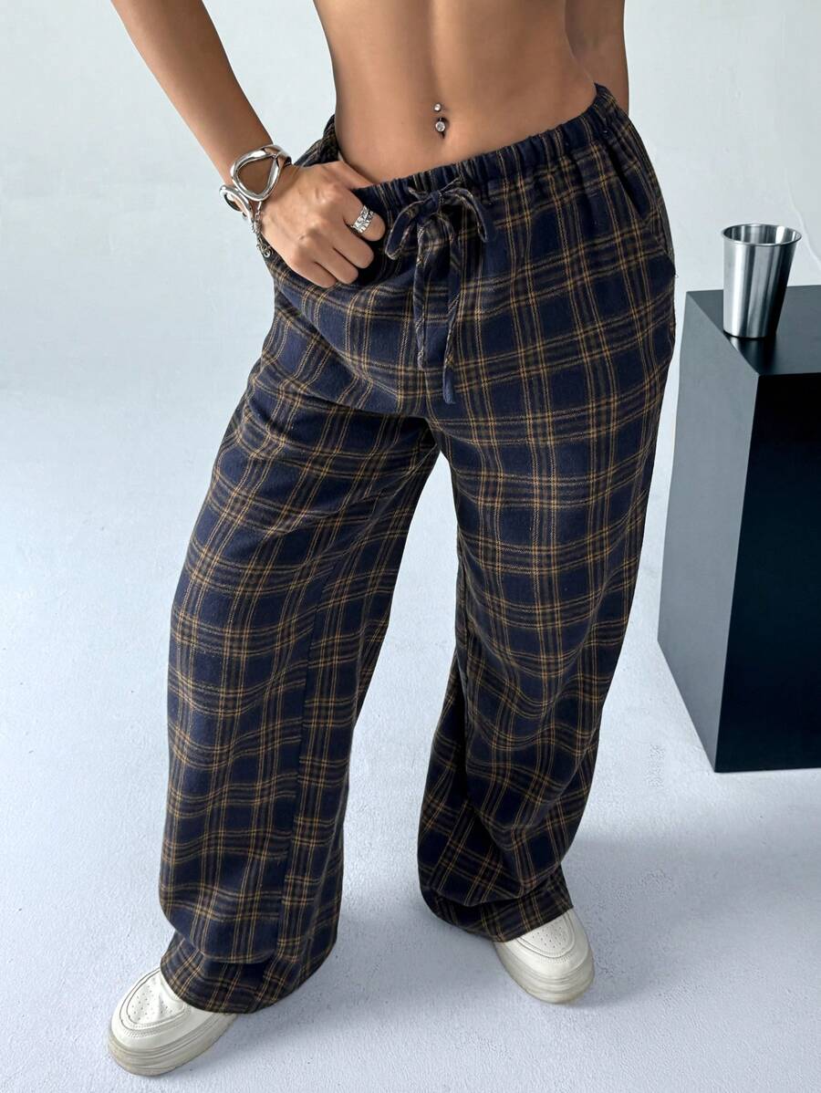 Muchica Plus Size Plaid Casual Everyday Pants - Brown - View 1