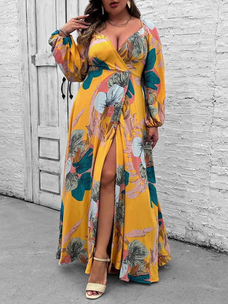 SHEIN VCAY Plus Size Women Plant Printed Lantern Sleeve Dress - Yellow - View 1