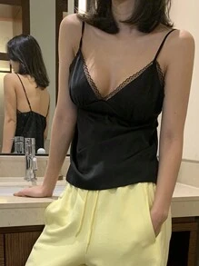 DAZY Áo hai dây viền ren màu trơn cho nữ khi đi chơi mùa hè Áo - màu đen - Xem 7