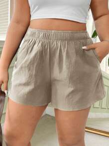 SHEIN EZwear Pantalones cortos de lino de cintura elástica de unicolor y talla grande