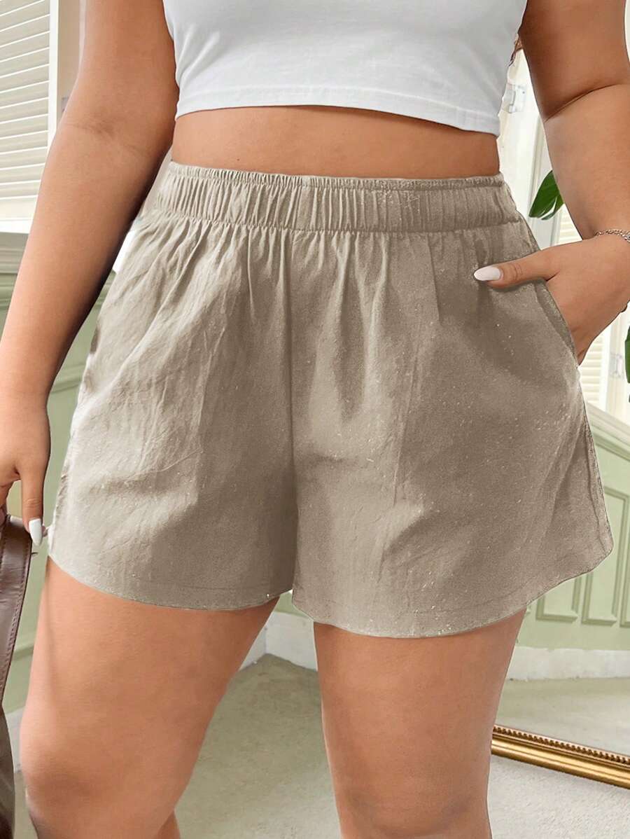 SHEIN EZwear Pantalones cortos de lino de cintura elástica de unicolor y talla grande