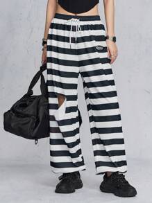 SHEIN EZwear 女性字母貼花撕破條紋運動長褲 - 黑與白 - 查看 5