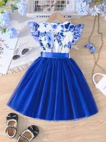SHEIN Glamorique Kids Young Girl Elegant Flutter Sleeve Floral Print Dress With Belted Suitable For Vacation, Summer - Royal Blue - View 2