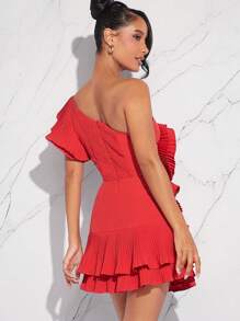 L'Amorae Fall Women Clothes, Red Elegant Exaggerated Ruffle One Shoulder Sleeveless Mini Dress, Formal Dress, Date Night, Concerts, Performances, Music Festivals, Party
