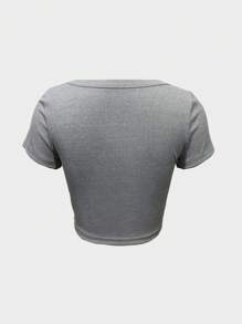 SHEIN Essnce Áo thun ngắn có gân vừa vặn có cổ tròn - Xám - Xem 2