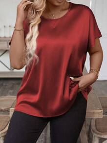 SHEIN LUNE 大尺碼圓領純色簡約日常春夏襯衫 - 紅色 - 查看 1